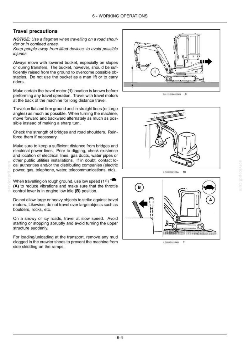 Puede incluir: Una p&aacute;gina de manual t&eacute;cnico titulada 6-WORKING OPERATIONS que contiene texto sobre precauciones de desplazamiento para maquinaria pesada. Incluye dos dibujos lineales en blanco y negro de una excavadora con cuchara y motor etiquetados 1, A y B.