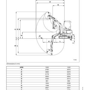 May include: Diagram of a compact excavator with dimensions in millimeters. The specifications include measurements for the arm, A, A', B, C, D, E, F, G, H, K, L, X, and Y. The text reads "DIGGING PERFORMANCES (CANOPY)" and "With 0.044 m&sup3; bucket."