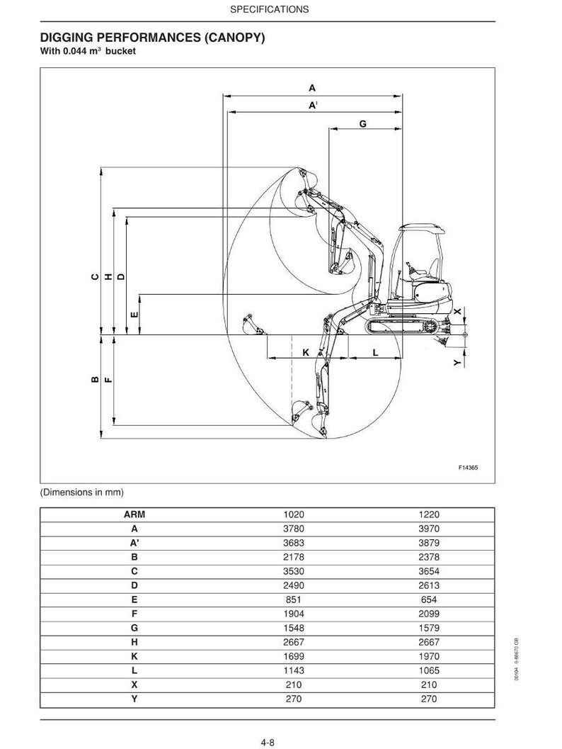 May include: Diagram of a compact excavator with dimensions in millimeters. The specifications include measurements for the arm, A, A', B, C, D, E, F, G, H, K, L, X, and Y. The text reads "DIGGING PERFORMANCES (CANOPY)" and "With 0.044 m&sup3; bucket."