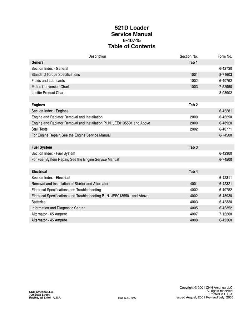 May include: A service manual for the 521D Loader, featuring a table of contents. The document lists sections such as General, Engines, Fuel System, and Electrical, with corresponding section and form numbers. Published in the USA.