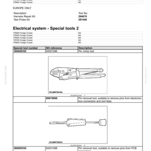 May include: Diagram of electrical system special tools, including a pin crimp tool and pin removal tools. Text includes tool numbers and descriptions for harness repair and test probe kits.