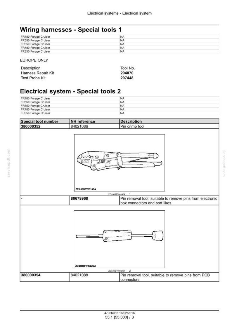 May include: Diagram of electrical system special tools, including a pin crimp tool and pin removal tools. Text includes tool numbers and descriptions for harness repair and test probe kits.