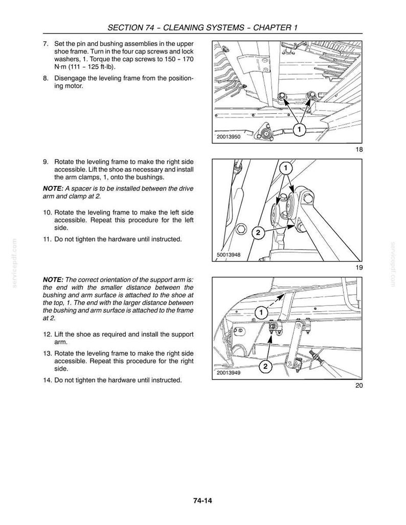 Pode incluir: Uma p&aacute;gina de manual t&eacute;cnico intitulada SECTION 74 - CLEANING SYSTEMS - CHAPTER 1, apresentando tr&ecirc;s desenhos de linha em preto e branco de montagens mec&acirc;nicas com pe&ccedil;as numeradas, texto instrutivo e torques de 150-170 N-m.