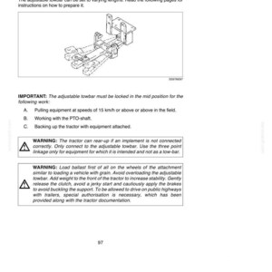 May include: A technical manual page titled ADJUSTABLE TOWBAR featuring a black and white line drawing of a mechanical towbar assembly. The text provides instructions, safety warnings, and operational guidelines for tractor equipment usage.