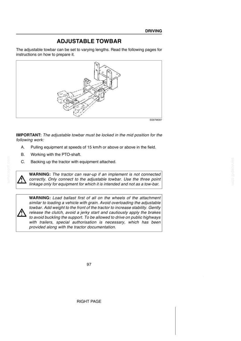May include: A technical manual page titled ADJUSTABLE TOWBAR featuring a black and white line drawing of a mechanical towbar assembly. The text provides instructions, safety warnings, and operational guidelines for tractor equipment usage.