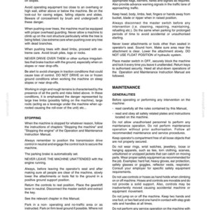 May include: A document page titled SAFETY RULES and MAINTENANCE containing black text on a white background. The text outlines operational guidelines, hazard warnings, and maintenance procedures for heavy machinery, including stopping protocols.