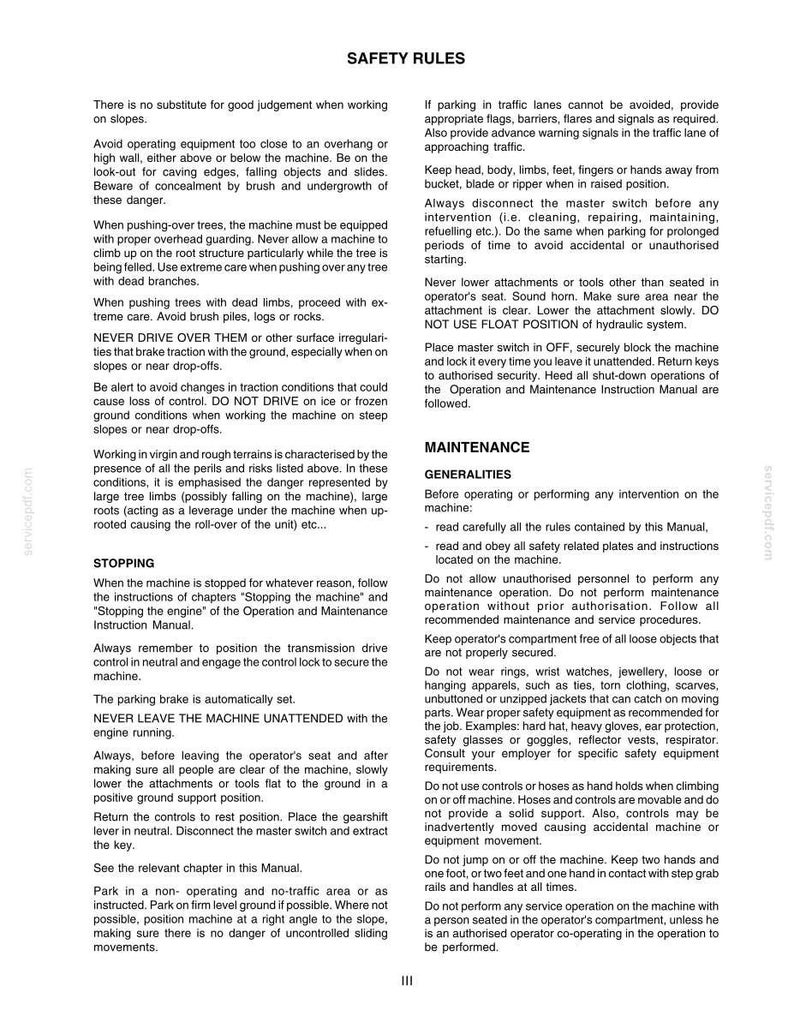 May include: A document page titled SAFETY RULES and MAINTENANCE containing black text on a white background. The text outlines operational guidelines, hazard warnings, and maintenance procedures for heavy machinery, including stopping protocols.