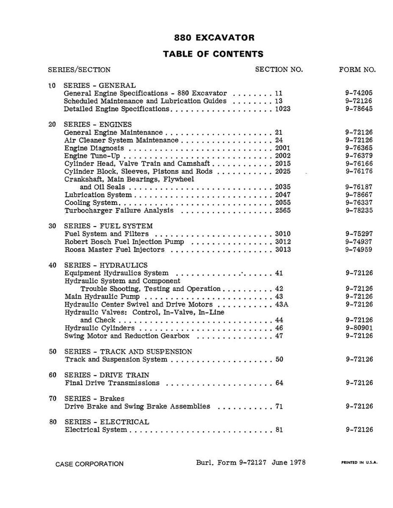 May include: A black and white document titled "880 Excavator Table of Contents" from Case Corporation. The document lists various sections and topics related to the excavator, including engine specifications, fuel systems, and hydraulics.