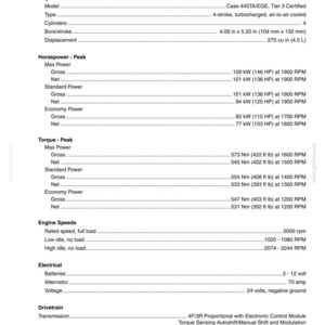 May include: An engine specification sheet detailing model, type, and performance metrics. Includes bore/stroke measurements in inches (104 mm x 132 mm) and displacement in cubic inches (4.5 L), alongside power outputs in kW and HP.