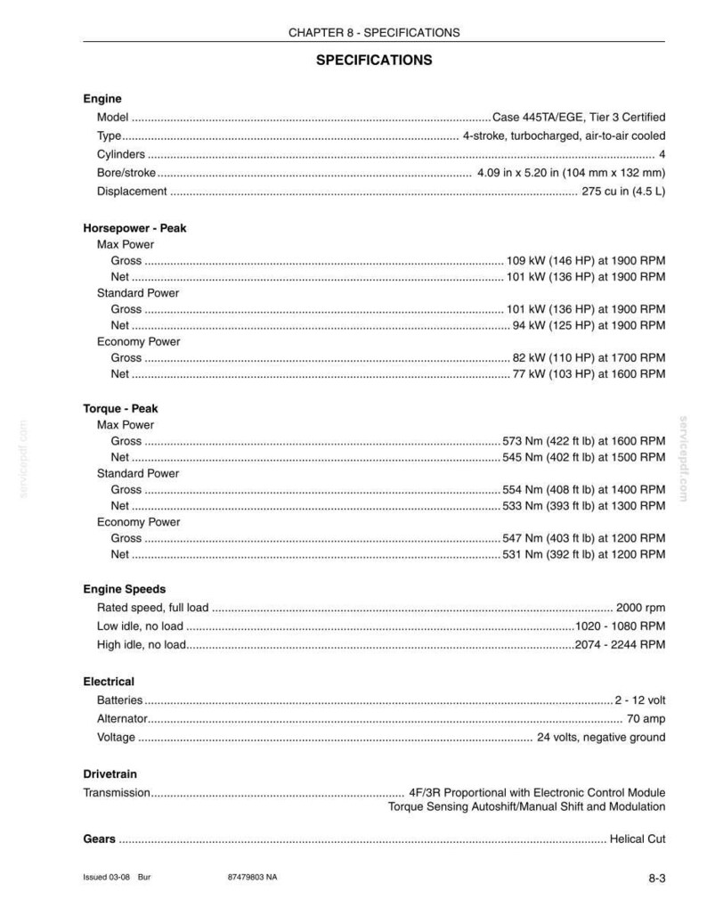 May include: An engine specification sheet detailing model, type, and performance metrics. Includes bore/stroke measurements in inches (104 mm x 132 mm) and displacement in cubic inches (4.5 L), alongside power outputs in kW and HP.