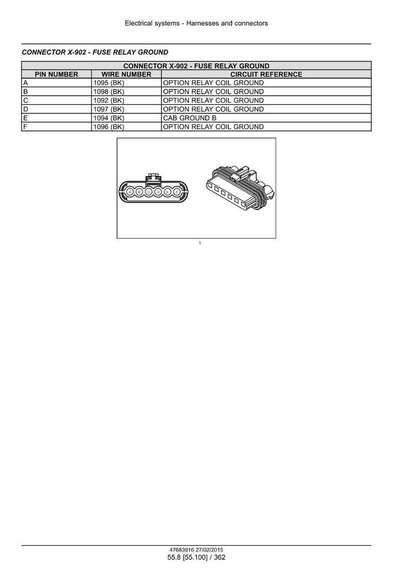 May include: Diagram of electrical connectors and a table detailing pin numbers, wire numbers, and circuit references. The text reads "CONNECTOR X-902 - FUSE RELAY GROUND". The image includes two connector illustrations.