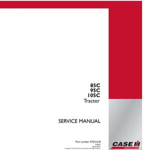 May include: A white service manual with red accents. The manual includes the text "85C, 95C, 105C Tractor SERVICE MANUAL". The Case IH Agriculture logo is in the bottom right corner. Part number 47531618.