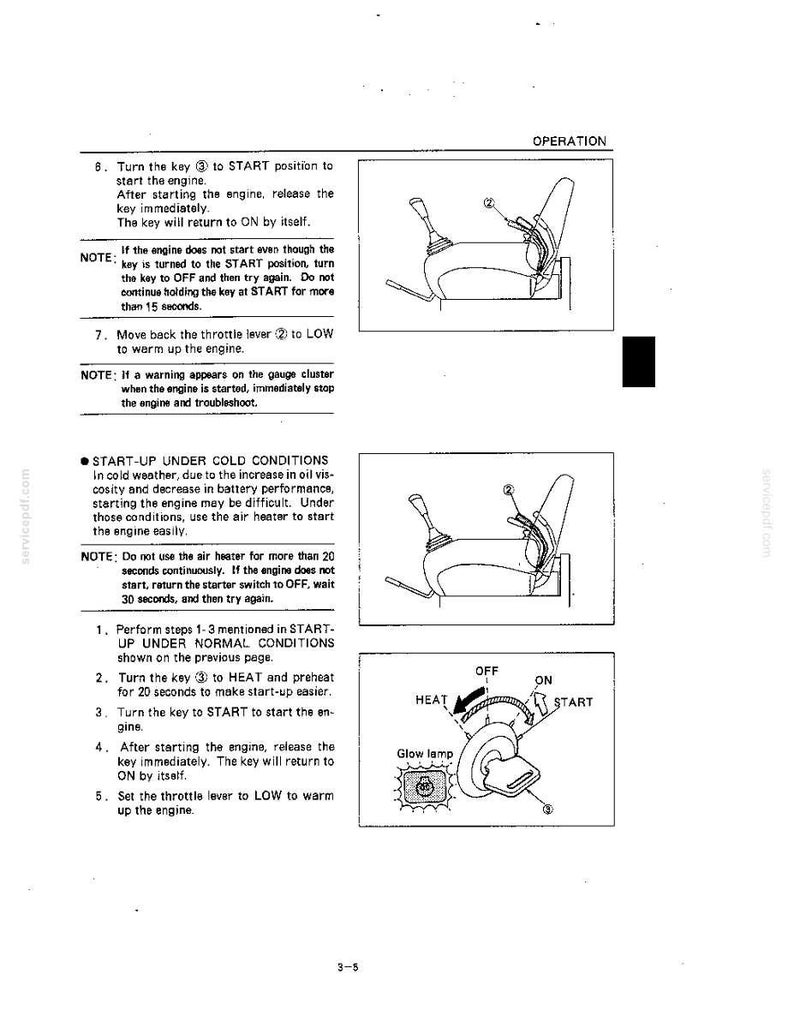 May include: A technical manual page titled OPERATION containing instructions for starting an engine. It features diagrams of a seat with a throttle lever and an ignition key switch with positions labeled HEAT, OFF, ON, and START, plus a glow lamp icon.