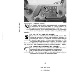 May include: Black and white image of a side console with various switches and controls. The console includes an autoshift switch, ride control switch, and rear wiper/washer switch. Text labels identify each switch and its function. The image is from an instruments/controls manual.