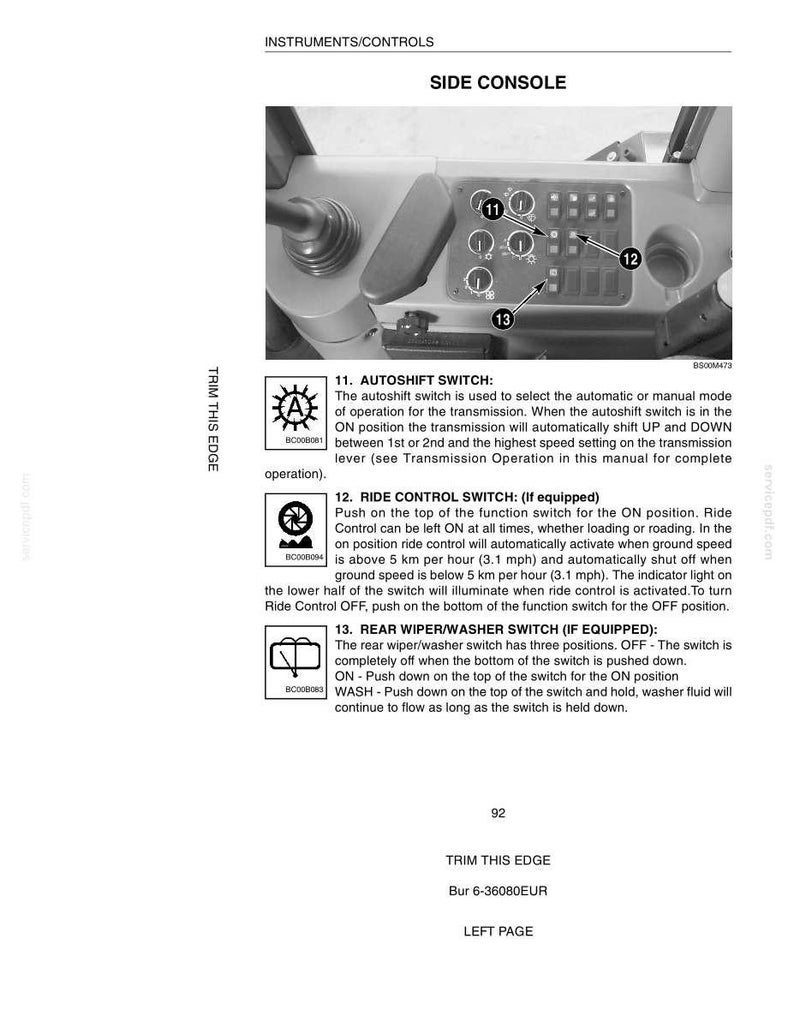 May include: Black and white image of a side console with various switches and controls. The console includes an autoshift switch, ride control switch, and rear wiper/washer switch. Text labels identify each switch and its function. The image is from an instruments/controls manual.