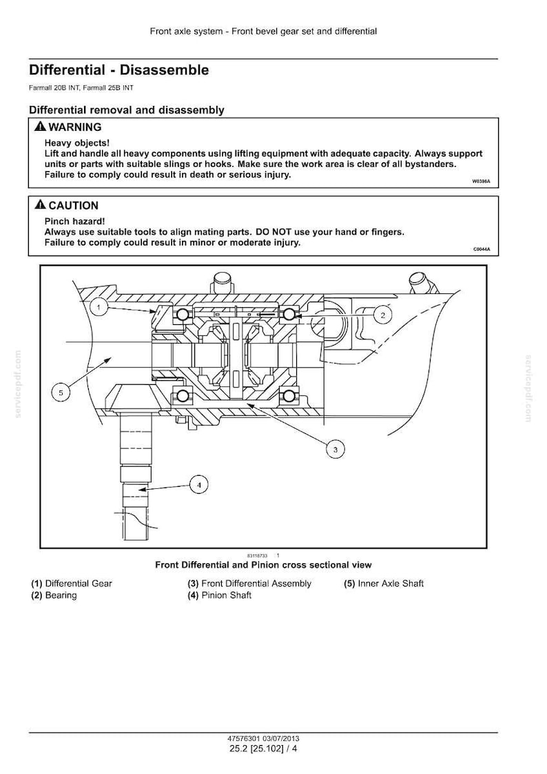 May include: Diagram of a front differential and pinion cross-sectional view. The diagram includes labels for the differential gear, bearing, front differential assembly, pinion shaft, and inner axle shaft. Safety warnings are also included.