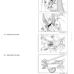 May include: Diagrams illustrating steps for power shuttle transmission repair. Includes instructions to reconnect cooler lines, install the front drive shaft, and install the shaft to the yoke. Text includes "Transmission - Power shuttle transmission".