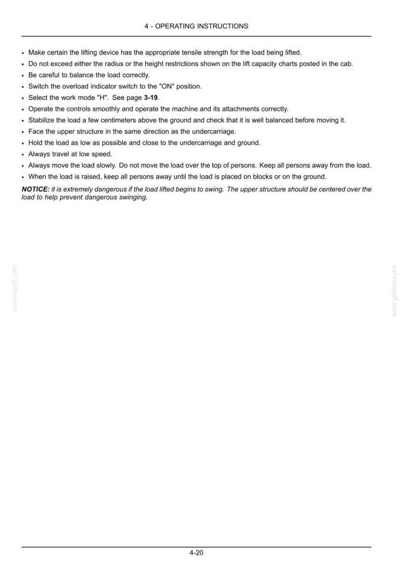 May include: White page with black text detailing operating instructions for a lifting device. The text includes safety precautions, such as not exceeding height restrictions and keeping people away from the load. The document is labeled "4 - OPERATING INSTRUCTIONS."