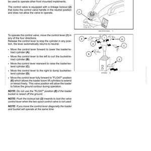 May include: A technical manual page titled Mid mount two spool control valve, featuring black and white line drawings of a control lever with numbered components 1 and 2, and directional arrows labeled A, B, C, D, and E for operation instructions.