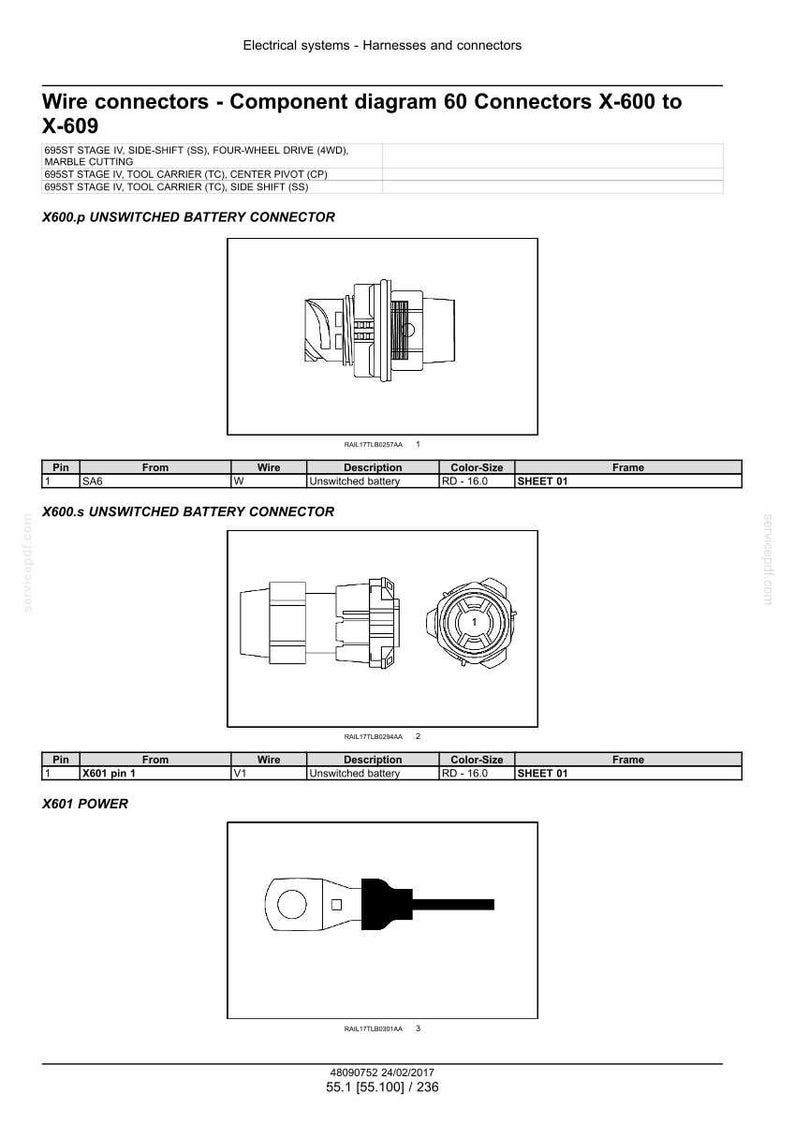 May include: Component diagram of wire connectors X-600 to X-609. The diagram includes illustrations of X600.p and X600.s unswitched battery connectors, and X601 power connector. The diagram also includes a table with pin, wire, and color-size information.