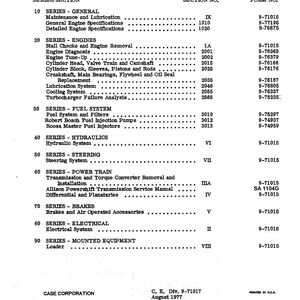 May include: Table of contents for a W26 Series B Loader manual. The document lists various sections, including general maintenance, engines, fuel systems, hydraulics, steering, power train, brakes, electrical systems, and mounted equipment. Published by Case Corporation in August 1977.
