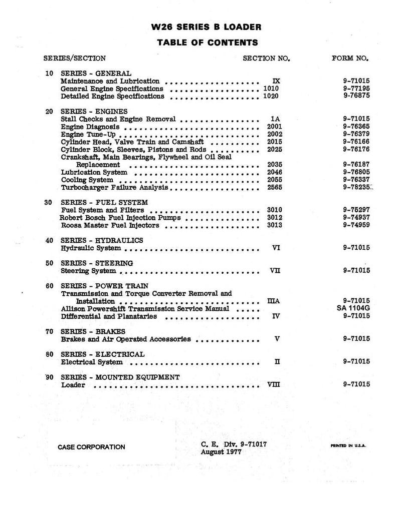 May include: Table of contents for a W26 Series B Loader manual. The document lists various sections, including general maintenance, engines, fuel systems, hydraulics, steering, power train, brakes, electrical systems, and mounted equipment. Published by Case Corporation in August 1977.