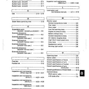 May include: A black and white technical document page titled Chapter 8 Alphabetical Index. The text lists various machinery components and maintenance topics in alphabetical order, including boom swing, cab, dozer blade, fuse box, and monitor panel.