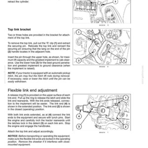May include: A technical manual page titled 6-WORKING OPERATIONS featuring three black and white line drawings of tractor components. The diagrams include numbered callouts for a top link cylinder, a top link bracket, and flexible link end adjustment.