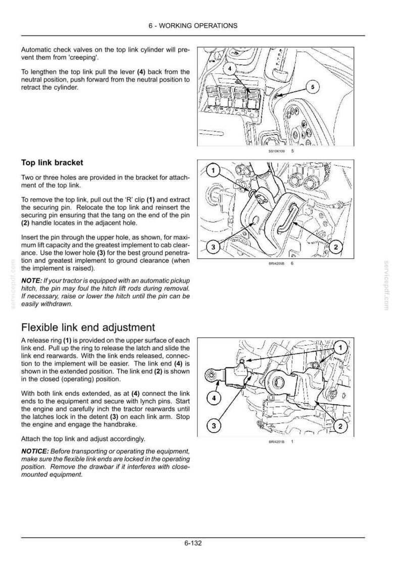 May include: A technical manual page titled 6-WORKING OPERATIONS featuring three black and white line drawings of tractor components. The diagrams include numbered callouts for a top link cylinder, a top link bracket, and flexible link end adjustment.