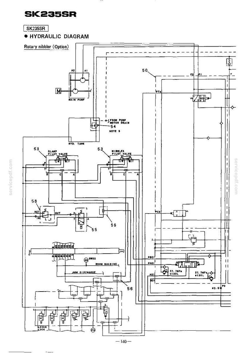 Pode incluir: Um diagrama hidr&aacute;ulico t&eacute;cnico para o modelo SK235SR, detalhando especificamente a op&ccedil;&atilde;o de nibbler rotativo. O esquema em preto e branco apresenta v&aacute;rias v&aacute;lvulas, bombas e linhas de conex&atilde;o rotuladas com n&uacute;meros e texto.