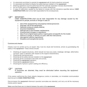 May include: A document with safety instructions for CASE equipment. The text includes warnings, safety checks, and operational guidelines. The document is in black and white with the CASE logo at the top.
