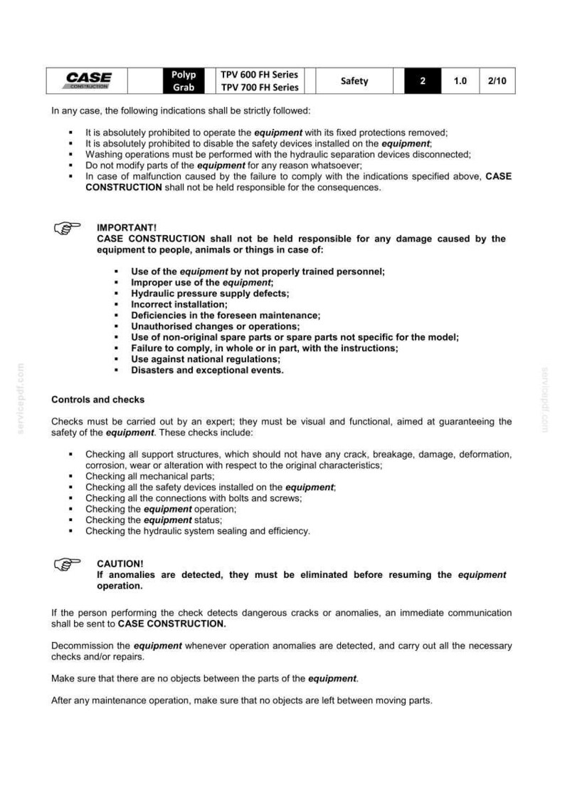 May include: A document with safety instructions for CASE equipment. The text includes warnings, safety checks, and operational guidelines. The document is in black and white with the CASE logo at the top.