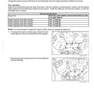 May include: A technical maintenance document page titled 7-MAINTENANCE detailing engine oil change procedures. It includes a service specifications table for New Holland Ambra Unitek Mastergold SBL CJ-4 SAE 10W-40 oil and two diagrams labeled 1 and 2.