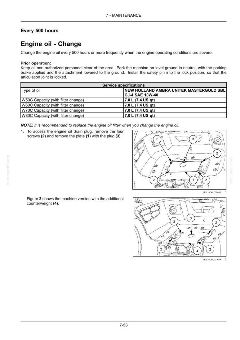 May include: A technical maintenance document page titled 7-MAINTENANCE detailing engine oil change procedures. It includes a service specifications table for New Holland Ambra Unitek Mastergold SBL CJ-4 SAE 10W-40 oil and two diagrams labeled 1 and 2.