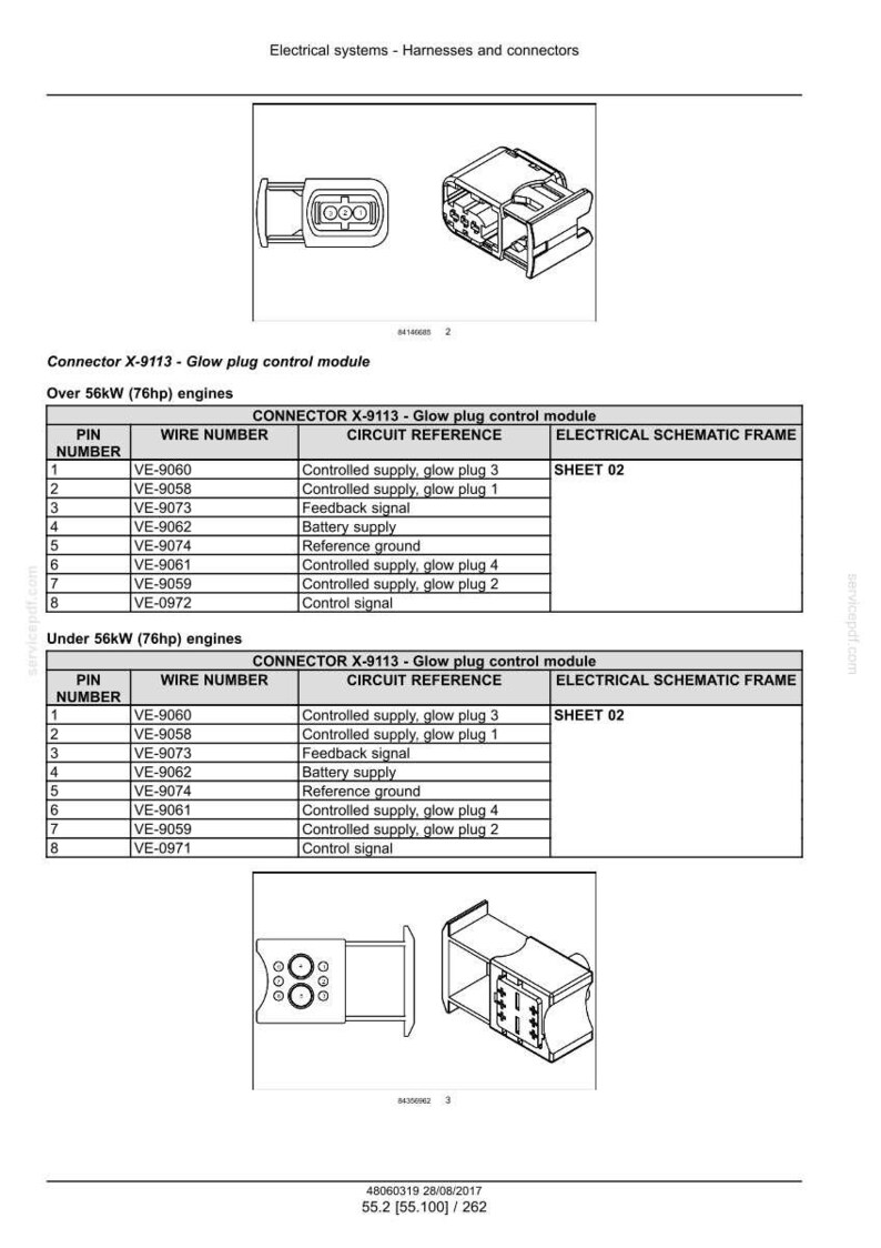 May include: Diagram of an electrical connector, labeled 'Connector X-9113 - Glow plug control module.' Includes tables detailing pin numbers, wire numbers, and circuit references for engines over and under 56kW.