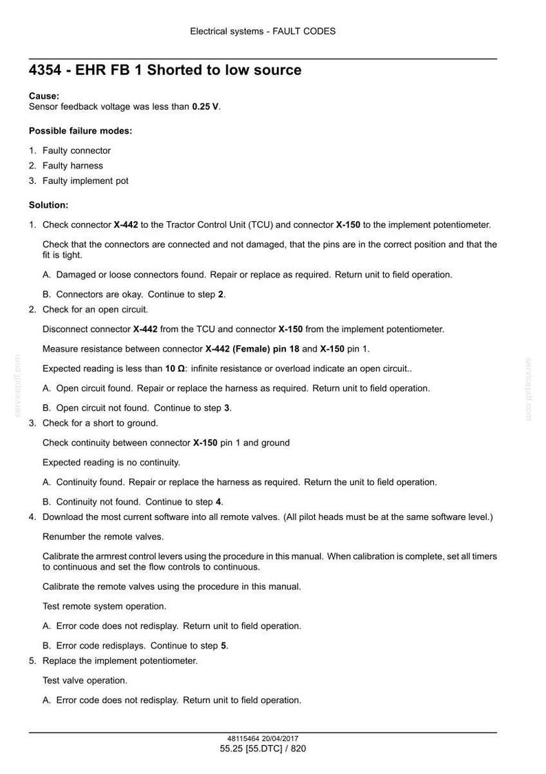 May include: A printed page with electrical system fault codes. The text includes troubleshooting steps for the 4354 - EHR FB 1 Shorted to low source error. The document provides instructions for checking connectors, circuits, and software.