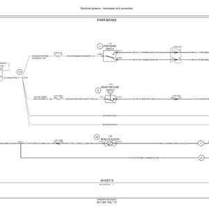 Puede incluir: Diagrama de un sistema el&eacute;ctrico, que muestra el circuito del freno de estacionamiento. El diagrama incluye componentes como el interruptor del freno de estacionamiento, el interruptor de presi&oacute;n de freno y el solenoide de freno, con l&iacute;neas y etiquetas.