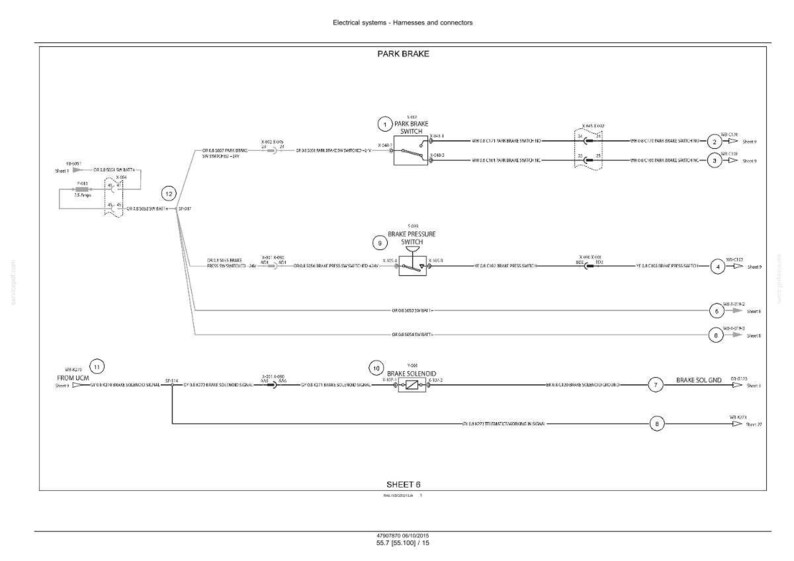 Puede incluir: Diagrama de un sistema el&eacute;ctrico, que muestra el circuito del freno de estacionamiento. El diagrama incluye componentes como el interruptor del freno de estacionamiento, el interruptor de presi&oacute;n de freno y el solenoide de freno, con l&iacute;neas y etiquetas.