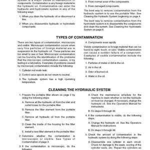May include: A printed page with text detailing hydraulic system contamination, cleaning procedures, and component wear. Includes sections on general information, types of contamination, and cleaning the hydraulic system. The document is printed in the USA.
