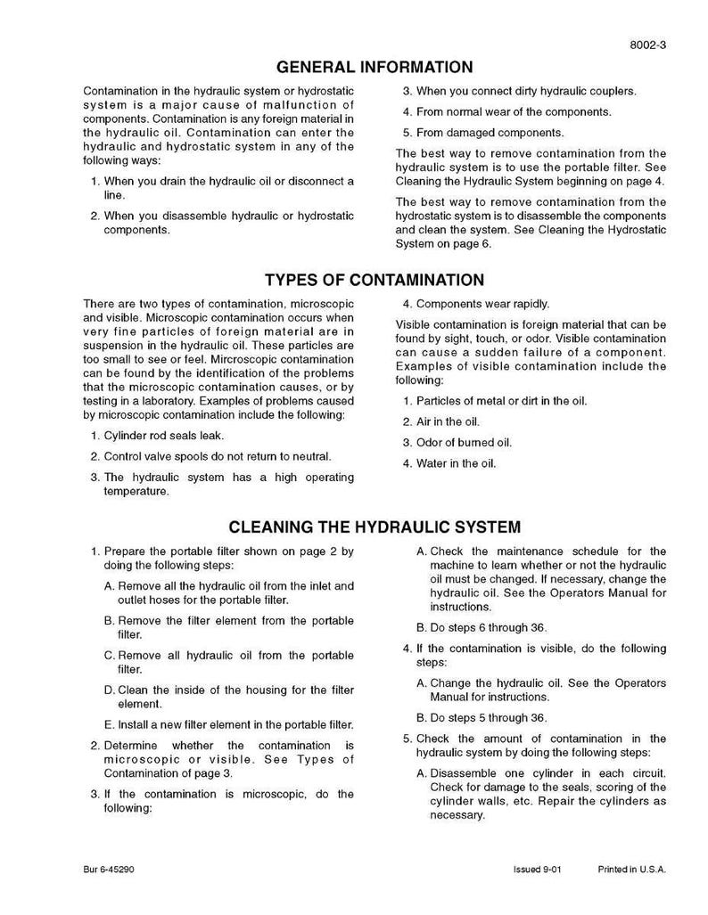 May include: A printed page with text detailing hydraulic system contamination, cleaning procedures, and component wear. Includes sections on general information, types of contamination, and cleaning the hydraulic system. The document is printed in the USA.