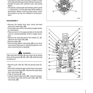 May include: Diagram of a pilot valve with numbered components and a top-down view. Text includes disassembly and assembly instructions, caution warnings, and part numbers for reference during maintenance.