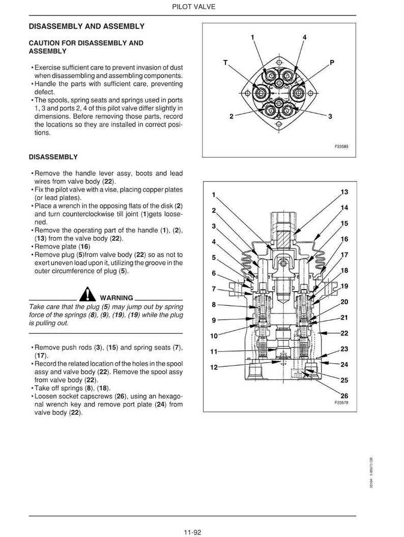 May include: Diagram of a pilot valve with numbered components and a top-down view. Text includes disassembly and assembly instructions, caution warnings, and part numbers for reference during maintenance.