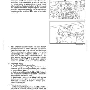 May include: Diagram of hydrostatic drive pump and motor components with numbered parts and text instructions. Includes images of tools and mechanical parts. Text includes measurements in feet.