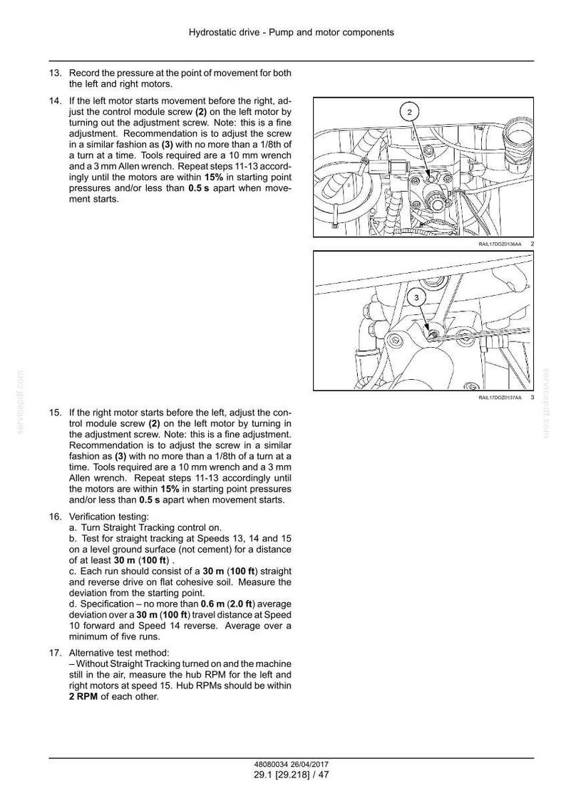 May include: Diagram of hydrostatic drive pump and motor components with numbered parts and text instructions. Includes images of tools and mechanical parts. Text includes measurements in feet.