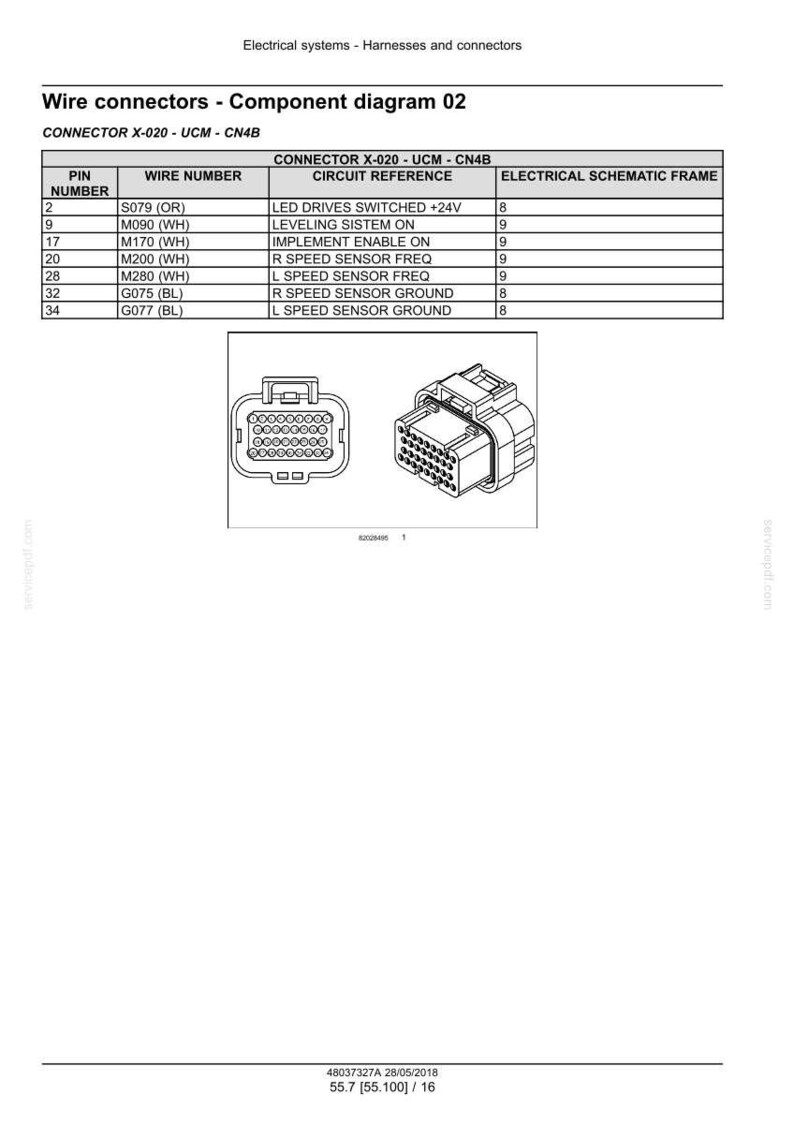 May include: Component diagram of wire connectors, labeled Connector X-020 - UCM - CN4B. The diagram includes a table with pin numbers, wire numbers, and circuit references. Two connector illustrations are also shown.