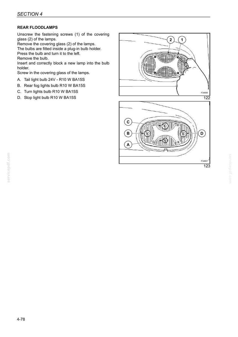 Pu&ograve; includere: Schema dei fari posteriori con istruzioni per la sostituzione delle lampadine. Include diagrammi etichettati del gruppo lampada, con viti numerate e lampadine etichettate (A, B, C, D). Il testo descrive i passaggi per la sostituzione delle lampadine.