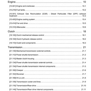May include: A page from a manual titled "Contents" with a list of engine, clutch, transmission, and four-wheel drive system components. The document includes page numbers and section titles.