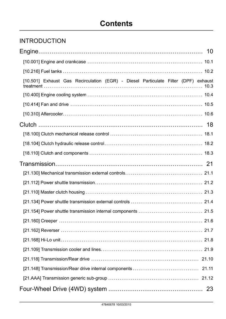 May include: A page from a manual titled "Contents" with a list of engine, clutch, transmission, and four-wheel drive system components. The document includes page numbers and section titles.