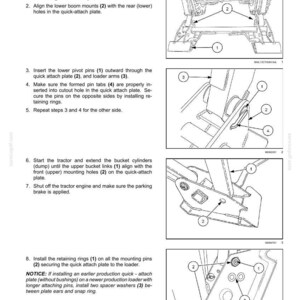 May include: A technical document page titled 3 - OPERATING INSTRUCTIONS detailing the installation of a quick-attach plate. It features four black and white line drawings with numbered callouts illustrating the alignment and securing of pins.