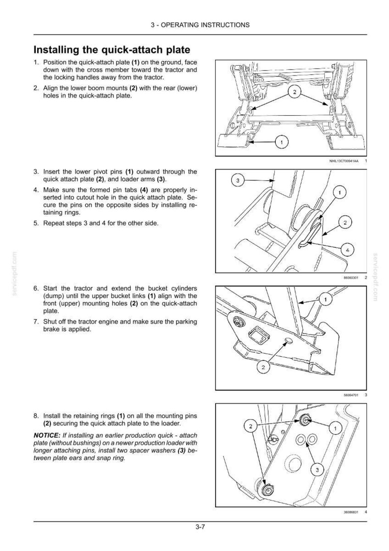 May include: A technical document page titled 3 - OPERATING INSTRUCTIONS detailing the installation of a quick-attach plate. It features four black and white line drawings with numbered callouts illustrating the alignment and securing of pins.